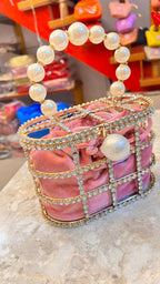 Pink Pearl Handle Potli Bag for Women | Designer Stone Work Clutch Handbag
