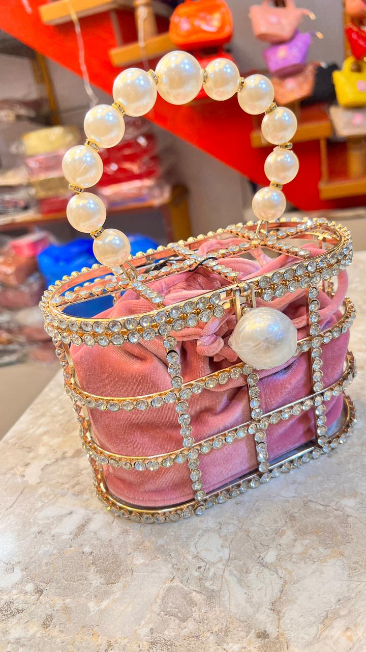 Pink Pearl Handle Potli Bag for Women | Designer Stone Work Clutch Handbag