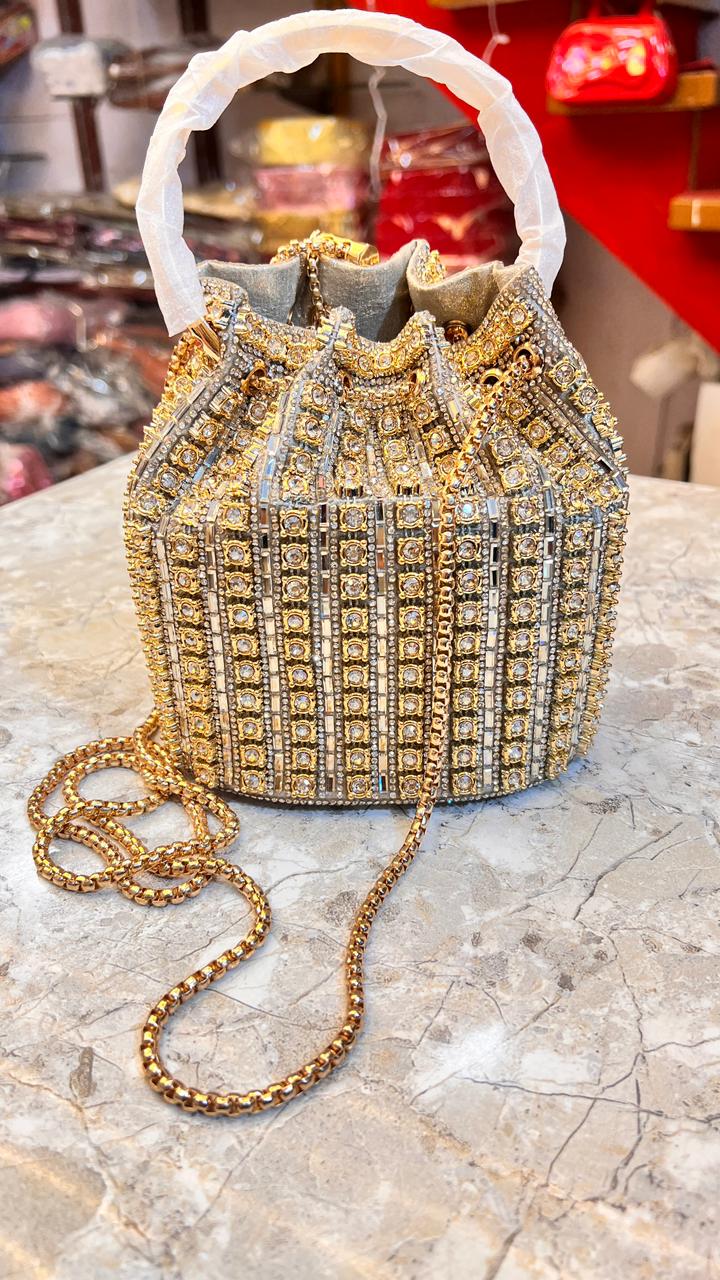 Luxury Gold Rhinestone Potli Bucket Bag with Handle and Chain