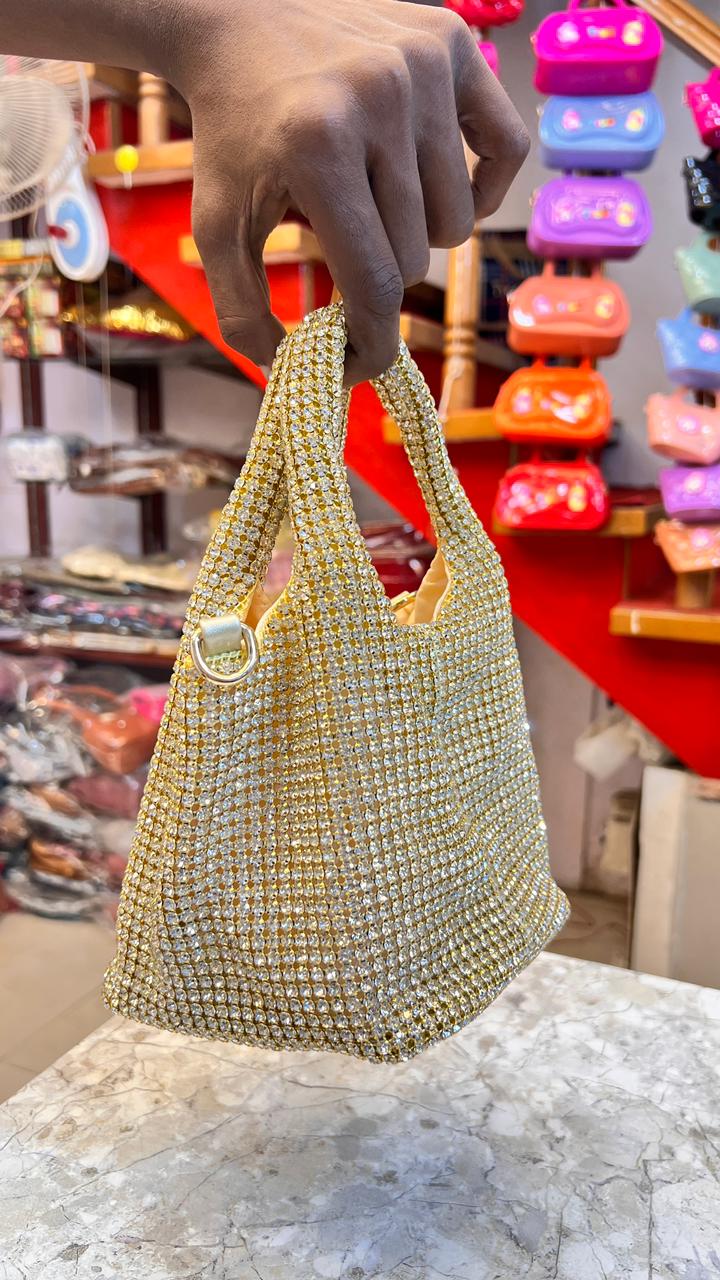 Women’s Golden Rhinestone Party Wear Handbag | Designer Wedding Tote Purse | Evening Shoulder Bag