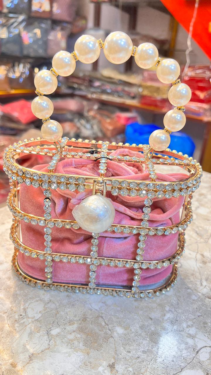 Pink Pearl Handle Potli Bag for Women | Designer Stone Work Clutch Handbag