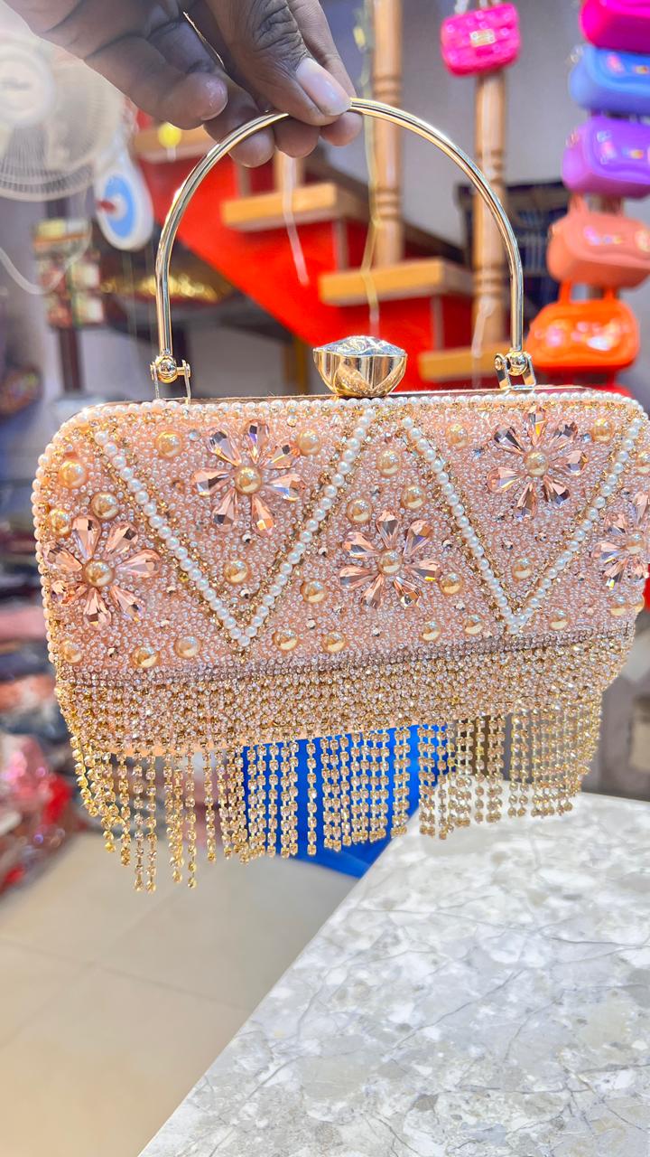 Women’s Peach Crystal Fringe Clutch Purse | Designer Party Wear Handbag | Wedding & Evening Bridal Bag