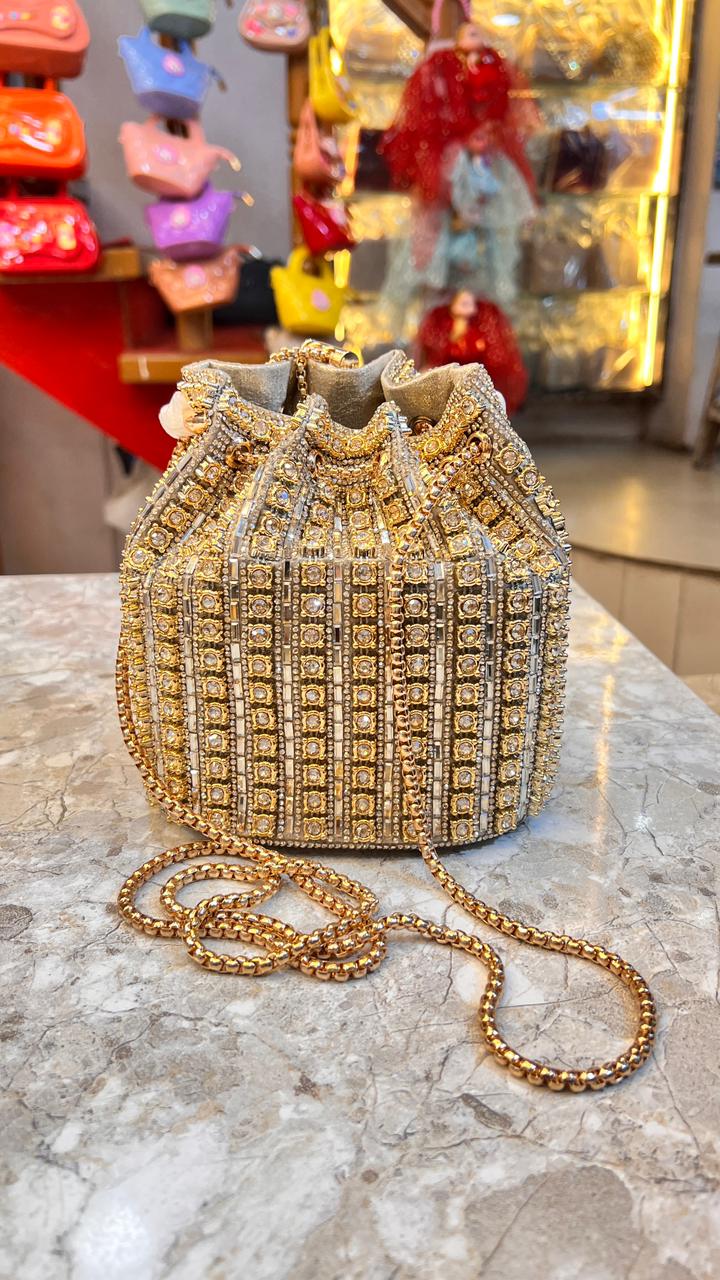 Luxury Gold Rhinestone Potli Bucket Bag with Handle and Chain