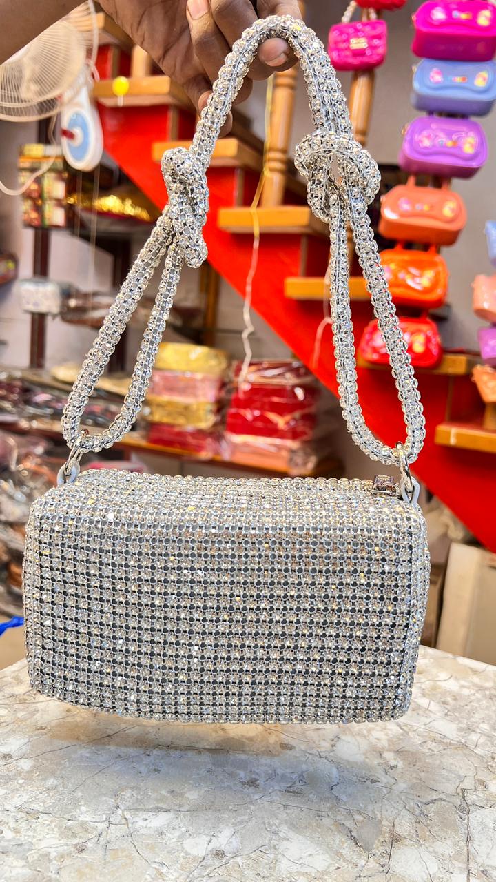 Luxury Silver Rhinestone Crystal Shoulder Bag – Designer Party Wear Handbag