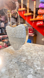 Women’s Peach Crystal Fringe Heart Shape Clutch Purse | Designer Party Wear Wedding Handbag | Bridal Evening Bag