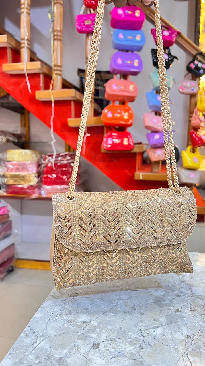 Women’s Golden Party Wear Clutch Purse | Designer Sling Shoulder Bag | Wedding & Evening Handbag