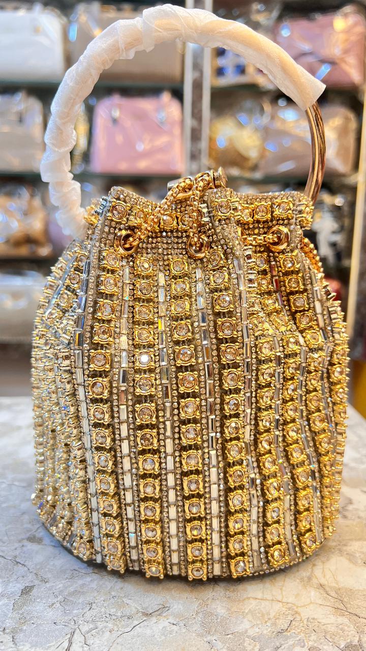 Luxury Gold Rhinestone Potli Bucket Bag with Handle and Chain