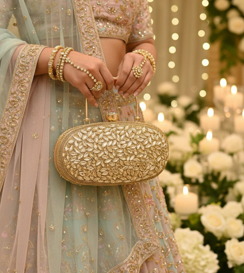 Gold Crystal Leaf Party Clutch Bag for Women | Elegant Evening Handbag