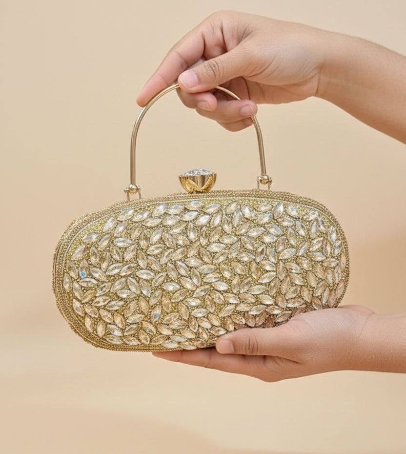 Gold Crystal Leaf Party Clutch Bag for Women | Elegant Evening Handbag