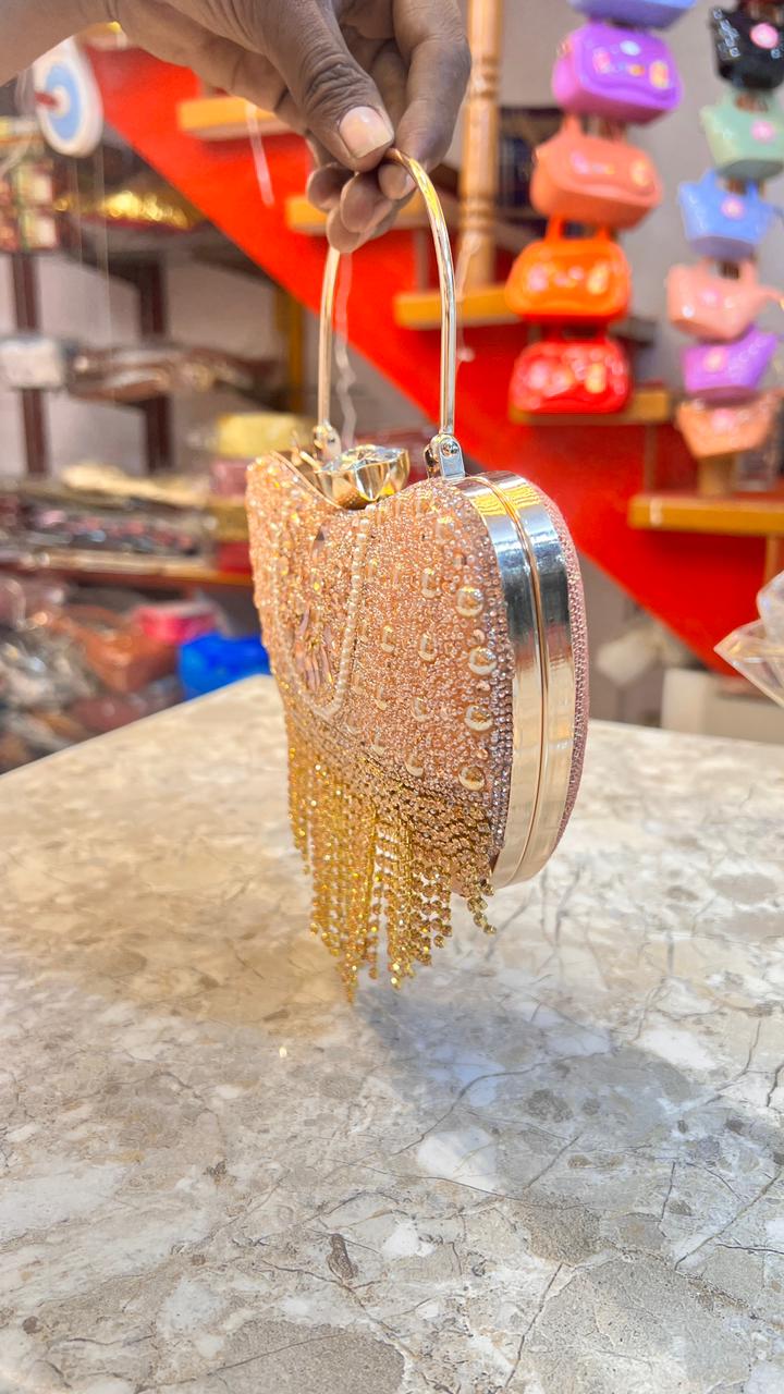 Women’s Peach Crystal Fringe Heart Shape Clutch Purse | Designer Party Wear Wedding Handbag | Bridal Evening Bag