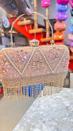 Women’s Peach Crystal Fringe Clutch Purse | Designer Party Wear Handbag | Wedding & Evening Bridal Bag