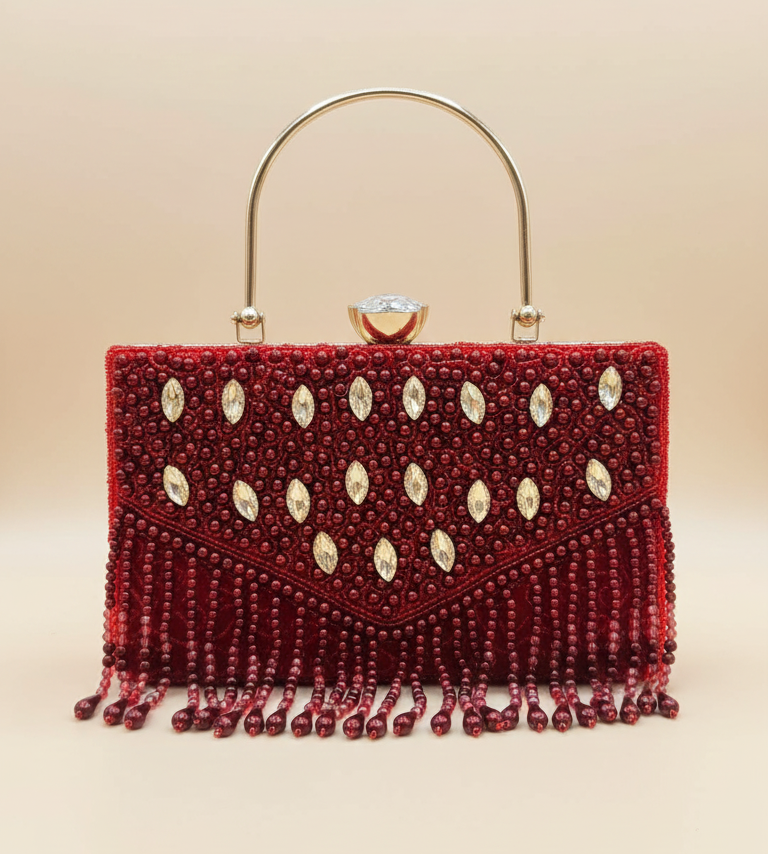 Red Beaded Fringe Party Clutch Bag for Women