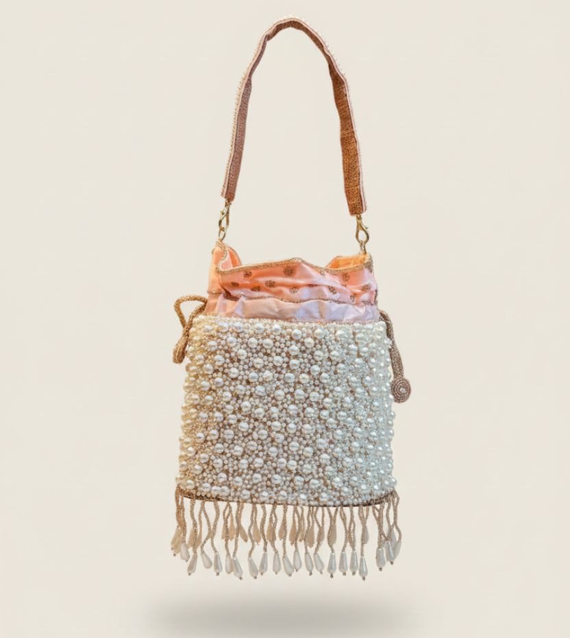 Ivory Pearl Embellished Fringe Potli Bag