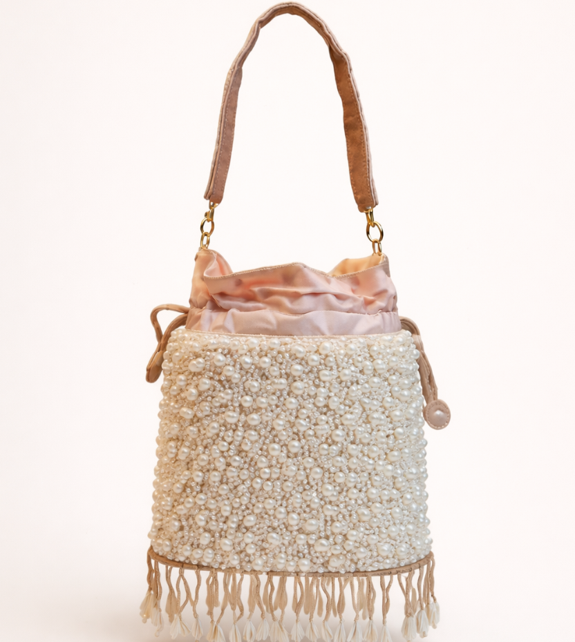 Ivory Pearl Embellished Fringe Potli Bag