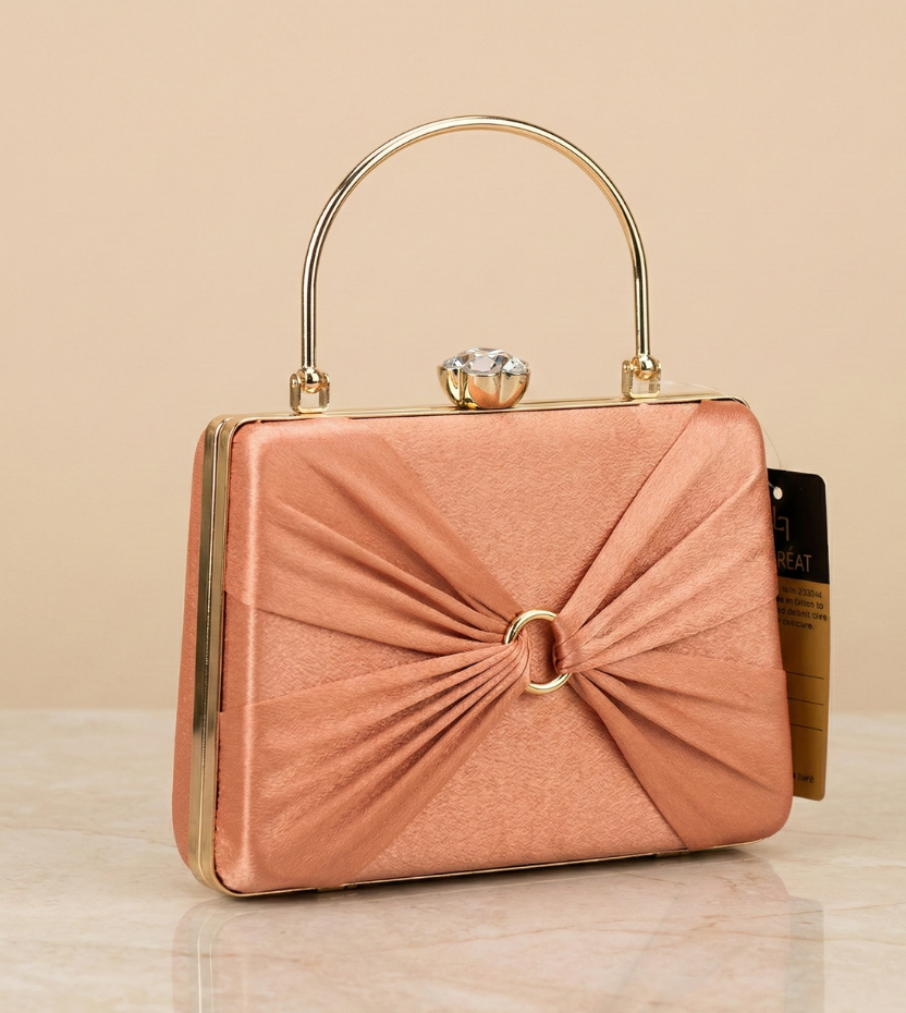 Rose gold party clutch bag for women with crystal lock and bow design