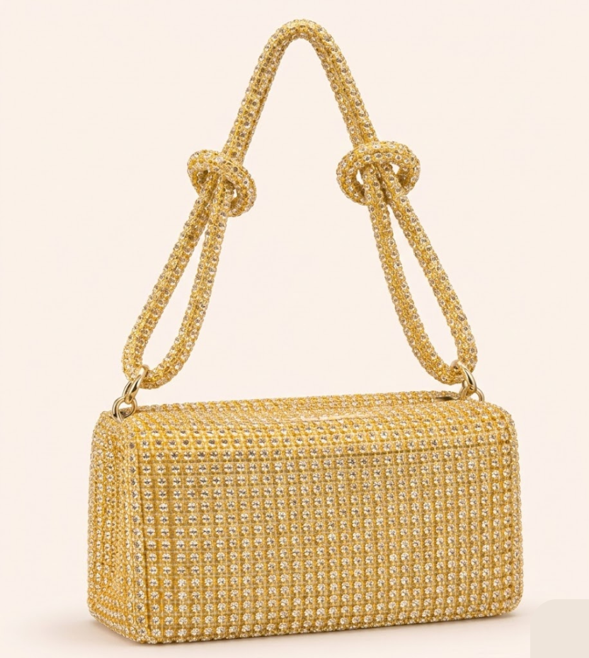 Gold rhinestone clutch purse with knot handle design