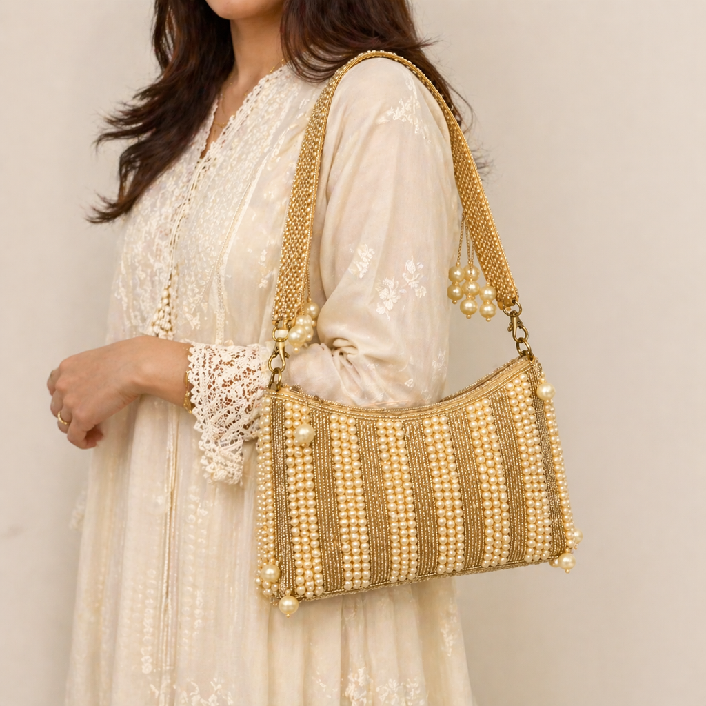 designer gold pearl handbag side view premium party clutch