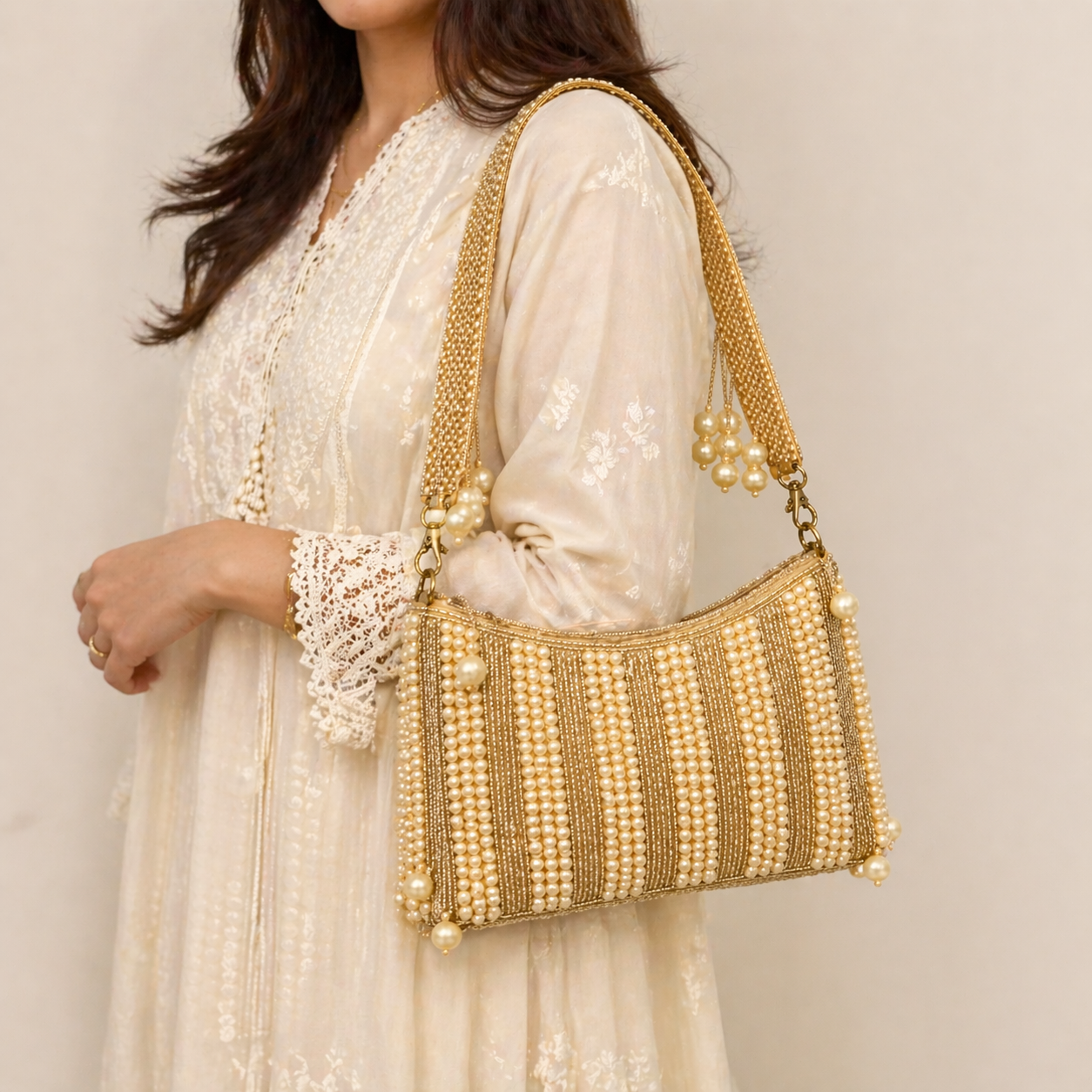 designer gold pearl handbag side view premium party clutch