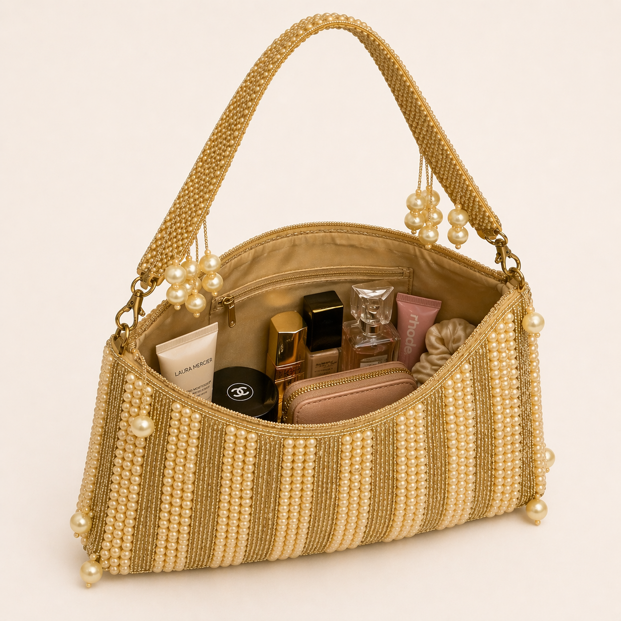 open view gold sequin handbag interior space women clutch