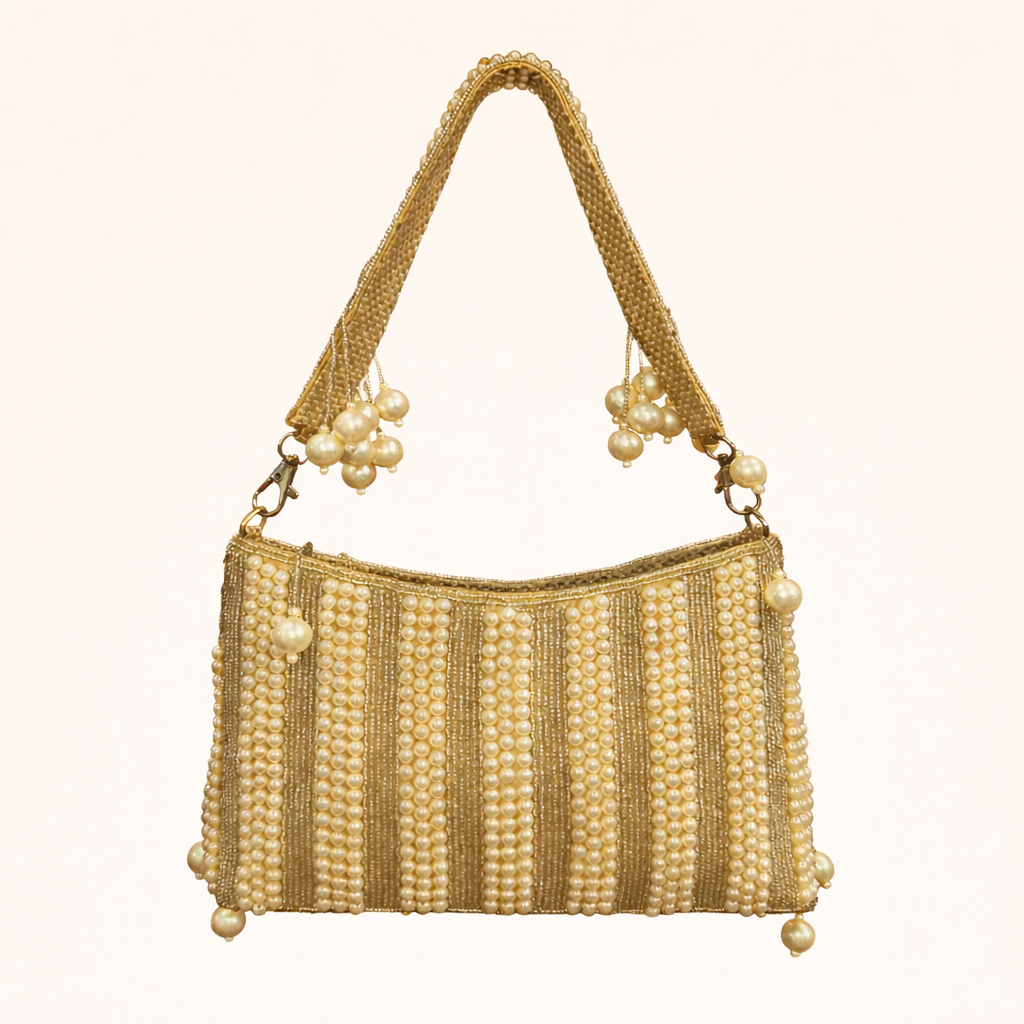 pearl embellished gold handbag detailed handle premium design