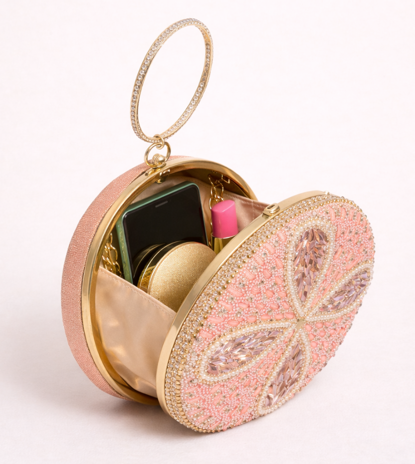 pink round crystal clutch bag side view luxury women evening clutch