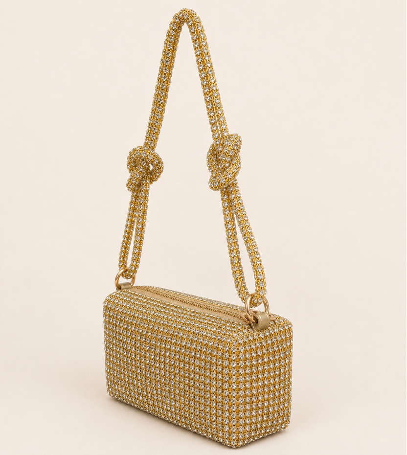 Premium women’s gold shoulder bag with crystal detailing