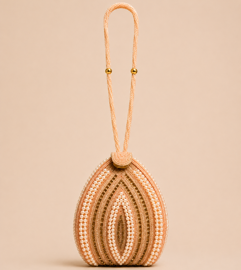 Luxury Handcrafted Pearl Stone Blush Pink Potli Bag