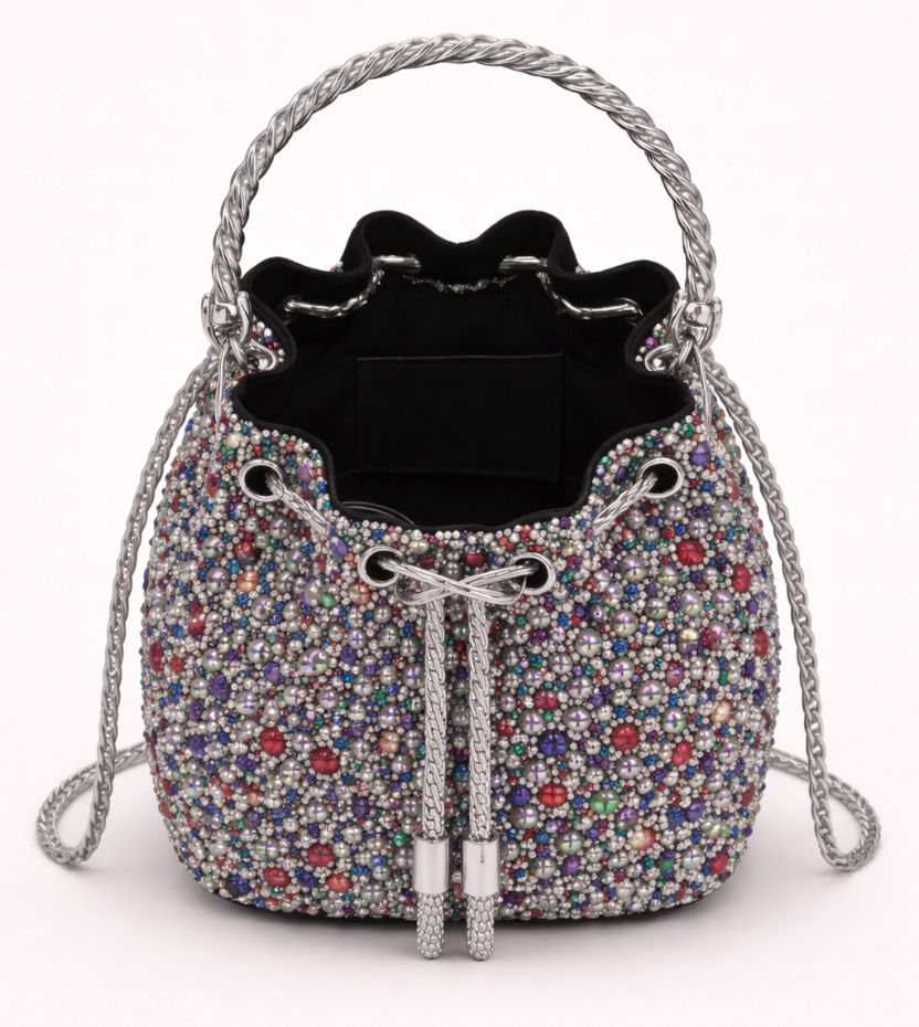Luxury Multicolor Crystal Bucket Bag with Metal Ring Handle