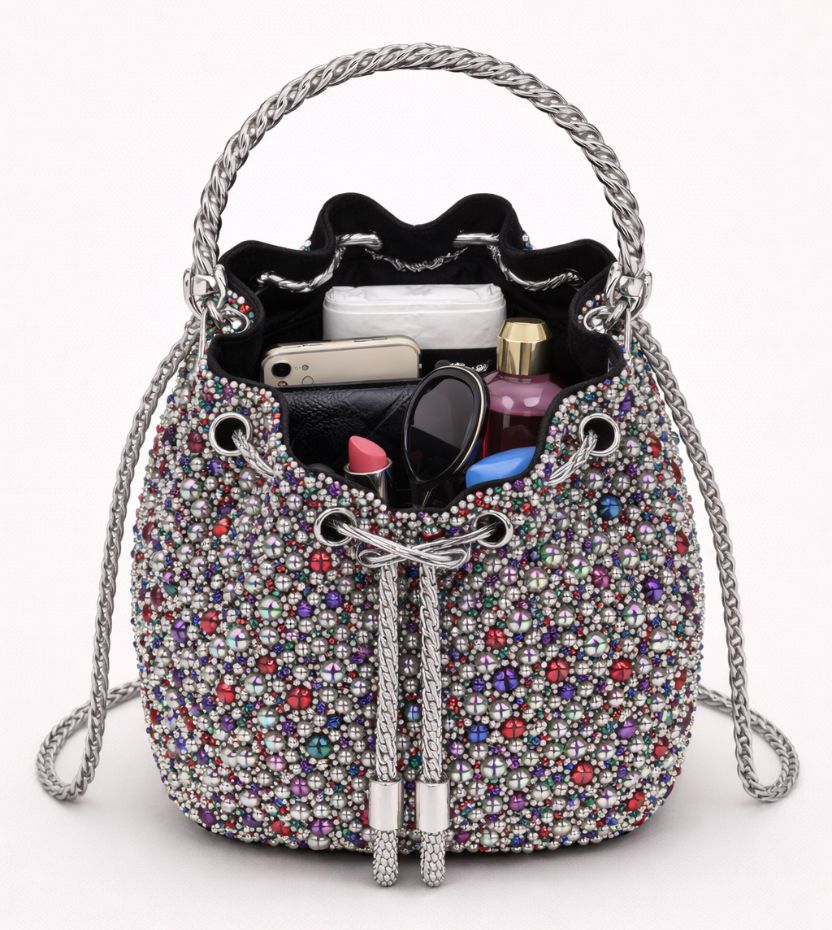 Luxury Multicolor Crystal Bucket Bag with Metal Ring Handle