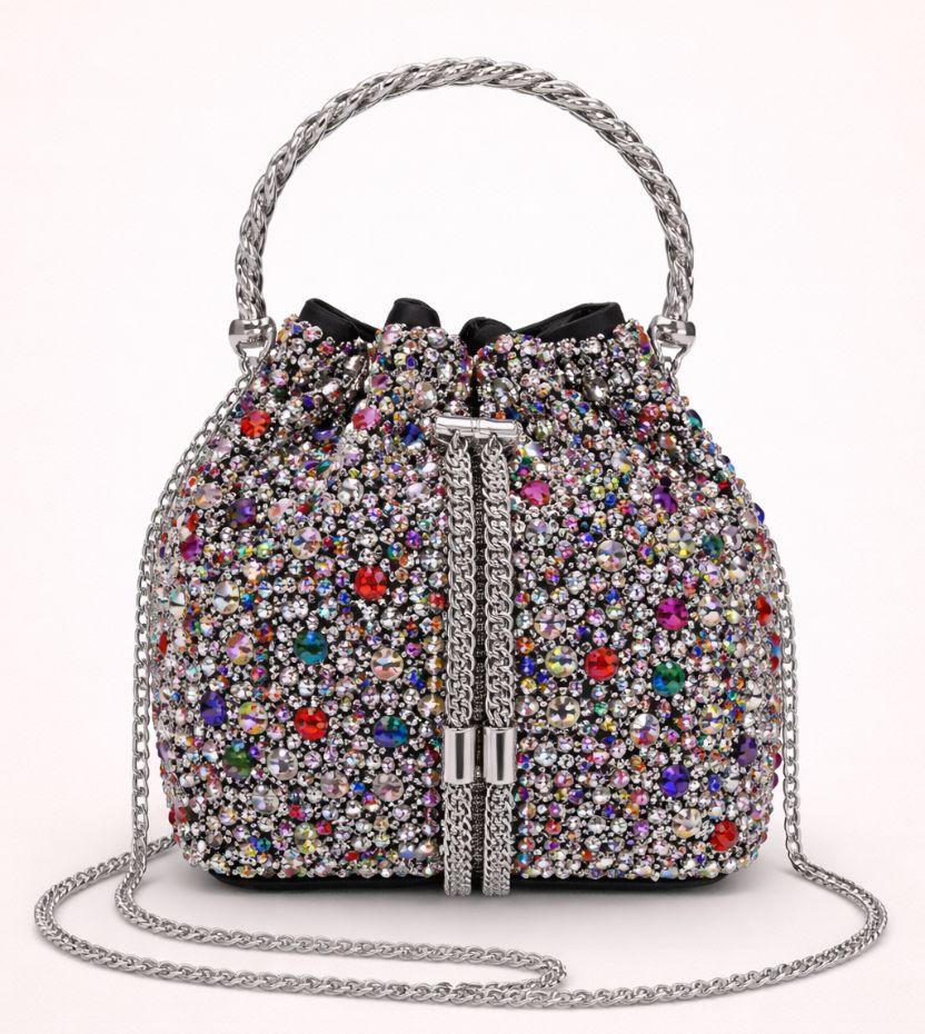 Luxury Multicolor Crystal Bucket Bag with Metal Ring Handle