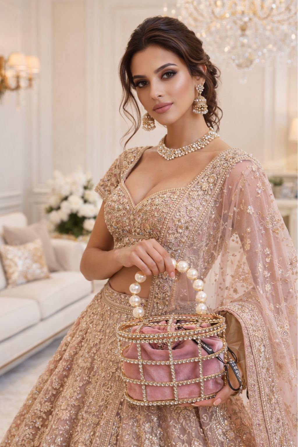 Pink Pearl Handle Potli Bag for Women | Designer Stone Work Clutch Handbag