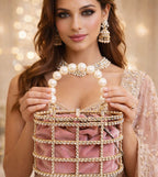 Pink Pearl Handle Potli Bag for Women | Designer Stone Work Clutch Handbag