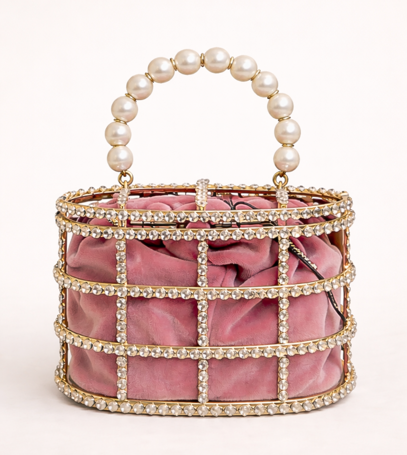Pink Pearl Handle Potli Bag for Women | Designer Stone Work Clutch Handbag
