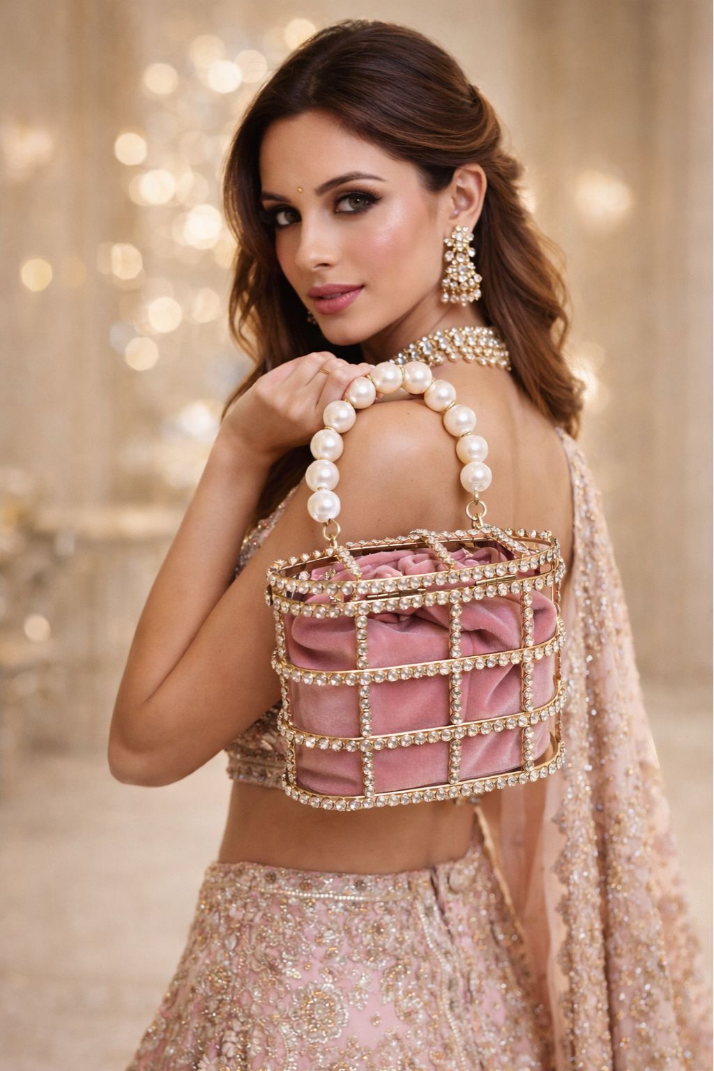 Pink Pearl Handle Potli Bag for Women | Designer Stone Work Clutch Handbag