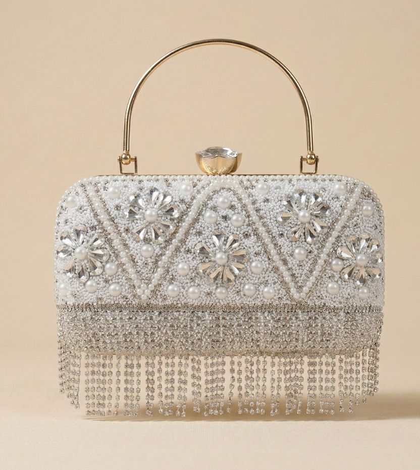 Silver Crystal Fringe Clutch Bag for Women | Designer Party Wear Handbag