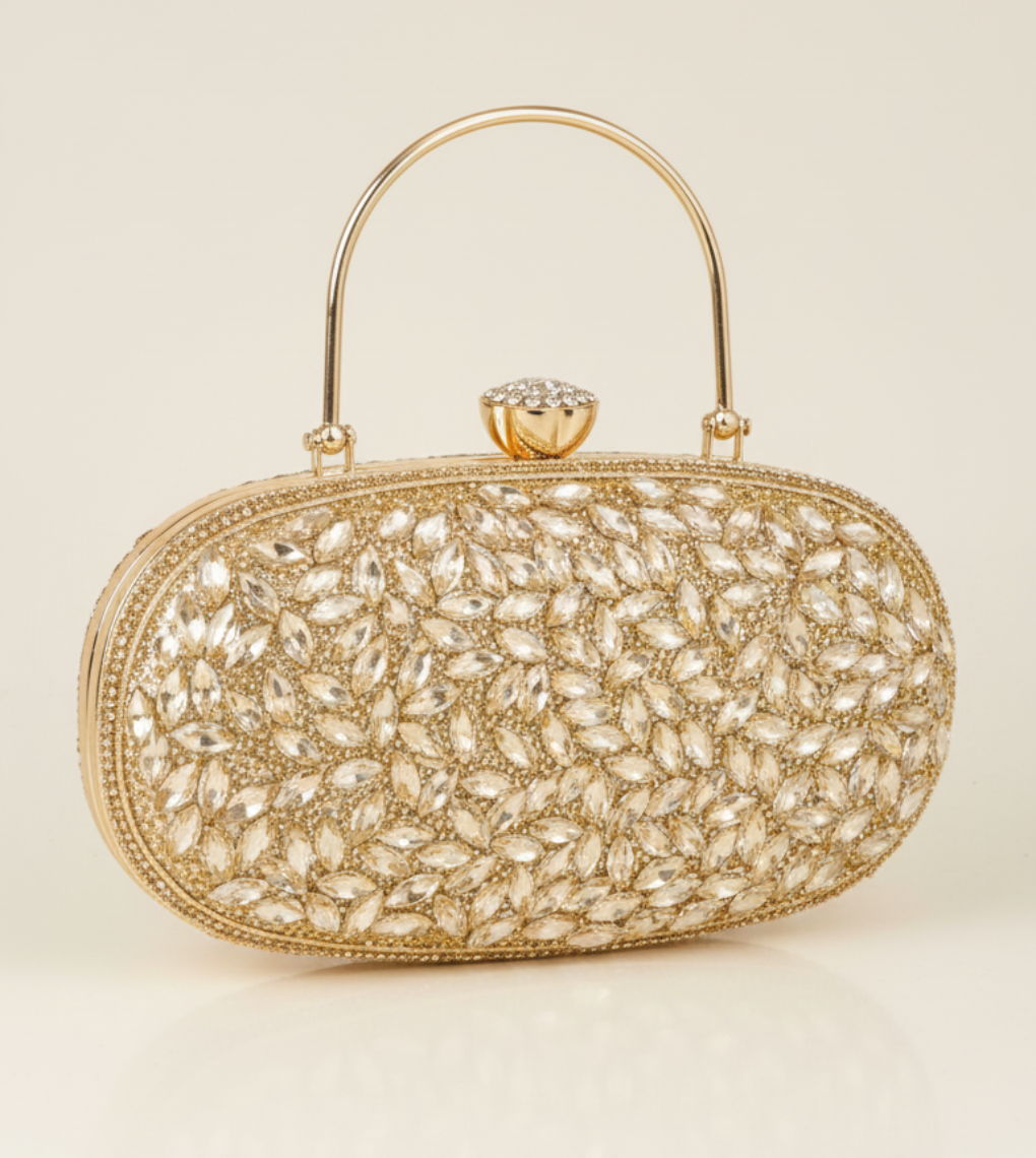 Gold Crystal Leaf Party Clutch Bag for Women | Elegant Evening Handbag