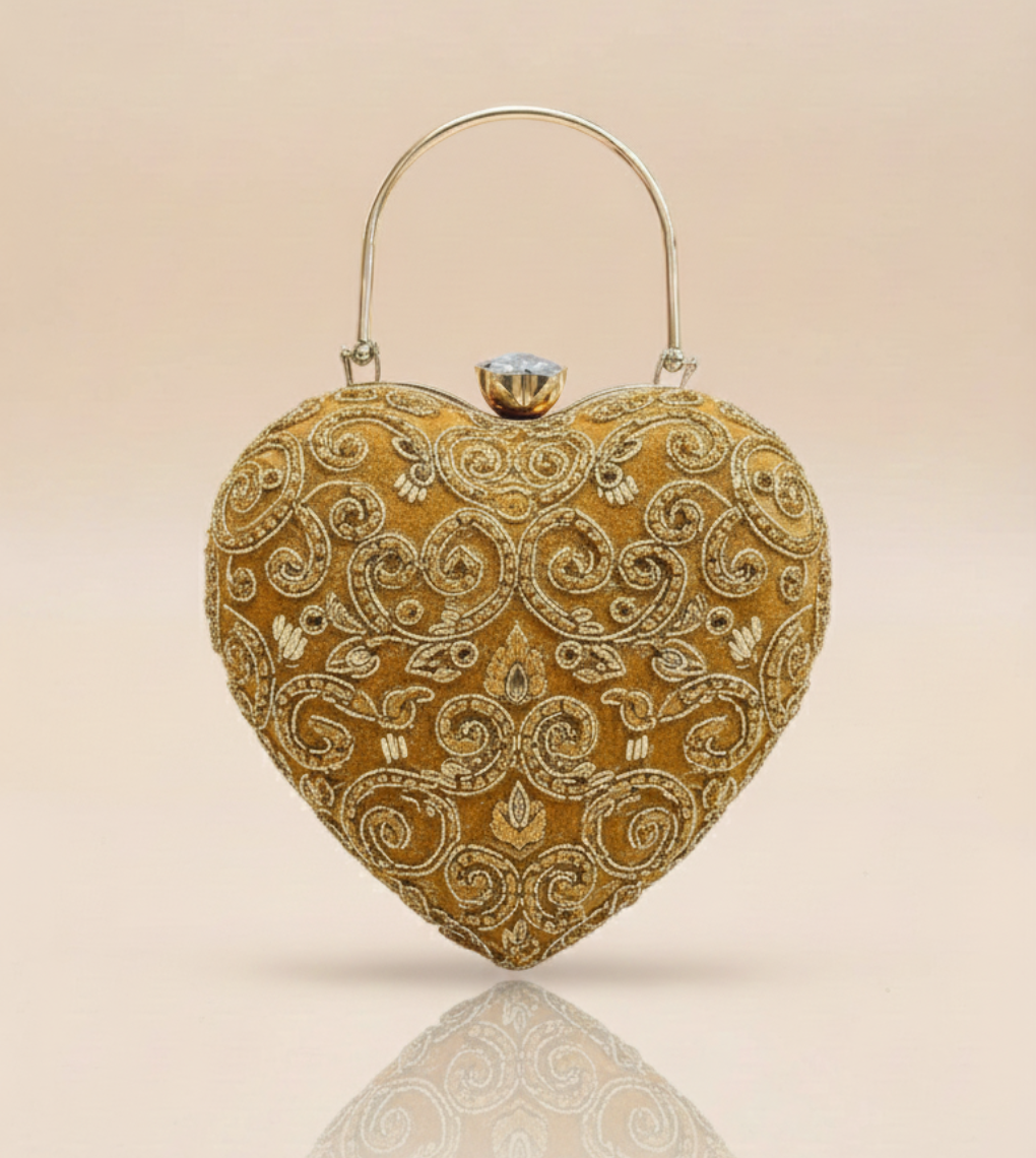 Golden Embroidered Heart Shaped Party Clutch for Women | Elegant Evening Handbag