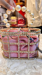 Pink Pearl Handle Potli Bag for Women | Designer Stone Work Clutch Handbag