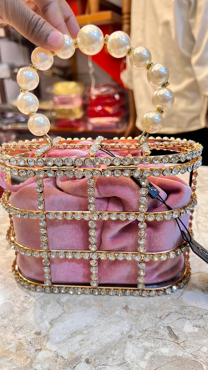 Pink Pearl Handle Potli Bag for Women | Designer Stone Work Clutch Handbag
