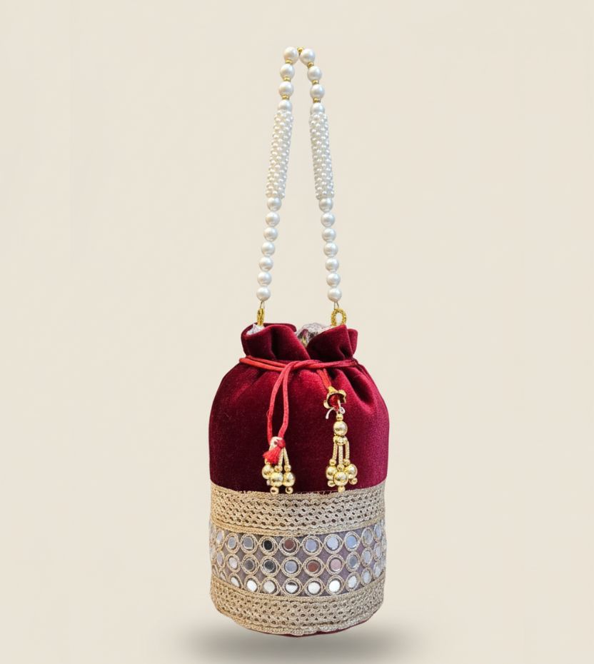 Wine Velvet Mirror Work Pearl Handle Potli Bag