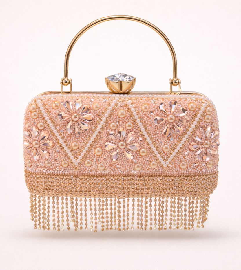 Women’s Peach Crystal Fringe Clutch Purse | Designer Party Wear Handbag | Wedding & Evening Bridal Bag