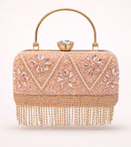Women’s Peach Crystal Fringe Clutch Purse | Designer Party Wear Handbag | Wedding & Evening Bridal Bag