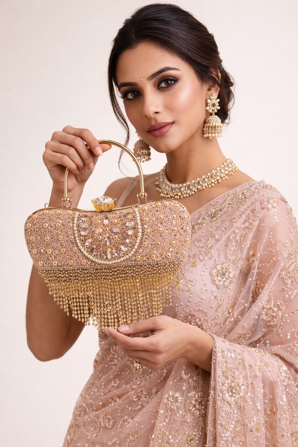 Women’s Peach Crystal Fringe Heart Shape Clutch Purse | Designer Party Wear Wedding Handbag | Bridal Evening Bag