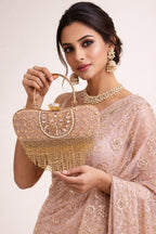 Women’s Peach Crystal Fringe Heart Shape Clutch Purse | Designer Party Wear Wedding Handbag | Bridal Evening Bag