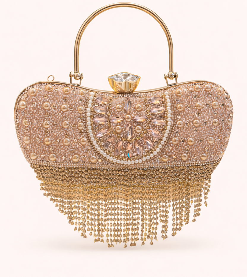 Women’s Peach Crystal Fringe Heart Shape Clutch Purse | Designer Party Wear Wedding Handbag | Bridal Evening Bag