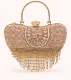 Women’s Peach Crystal Fringe Heart Shape Clutch Purse | Designer Party Wear Wedding Handbag | Bridal Evening Bag