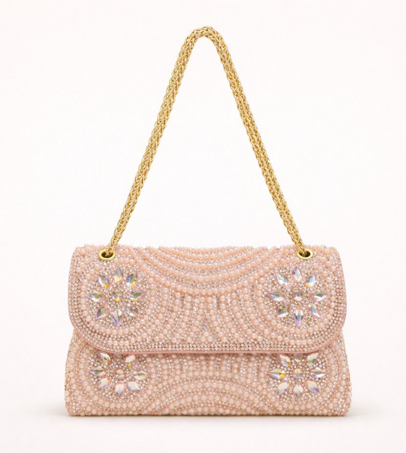 Women’s Pearl & Stone Embellished Party Wear Clutch Purse | Designer Wedding Sling Shoulder Bag | Evening Handbag