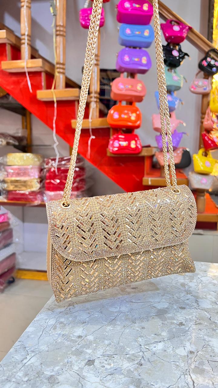Women’s Golden Party Wear Clutch Purse | Designer Sling Shoulder Bag | Wedding & Evening Handbag