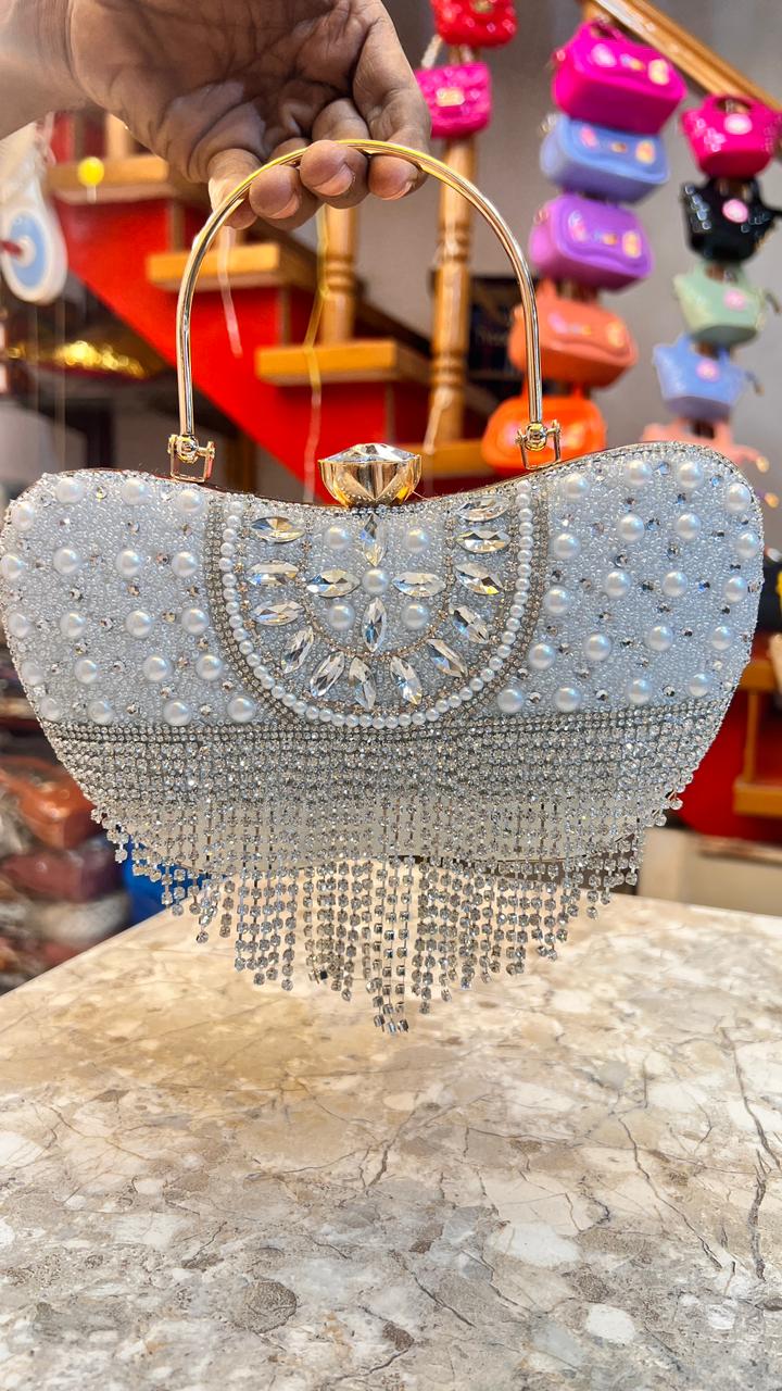 Women’s Peach Crystal Fringe Heart Shape Clutch Purse | Designer Party Wear Wedding Handbag | Bridal Evening Bag