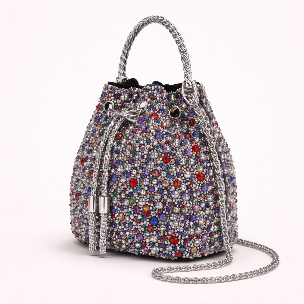 Luxury Multicolor Crystal Bucket Bag with Metal Ring Handle